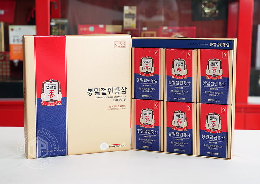 Hồng sâm lát tẩm mật ong KGC Sâm Chính phủ cao cấp hộp 12 gói 240g - Jung Kwan Jang Hồng sâm lát tẩm mật ong KGC Sâm Chính phủ cao cấp hộp 12 gói 240g - Jung Kwan Jang