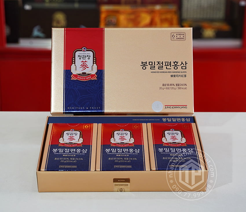 Hồng sâm lát tẩm mật ong KGC Sâm Chính phủ cao cấp hộp 6 gói 120g - Jung Kwan Jang Hồng sâm lát tẩm mật ong KGC Sâm Chính phủ cao cấp hộp 6 gói 120g - Jung Kwan Jang