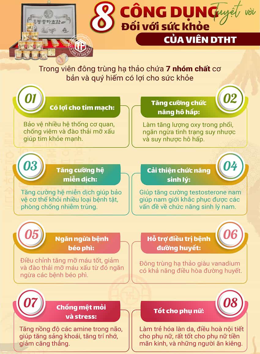 8 công dụng tuyệt vời đối với sức khỏe của viên đông trùng hạ thảo